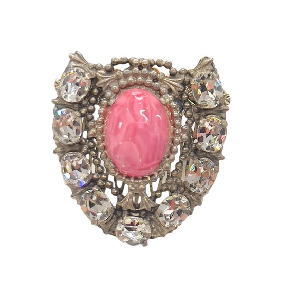 Vintage Clear Glass Stone & Pink Acrylic Cabochon Pot-metal Comb (Former Clip) - Picture 10 of 10